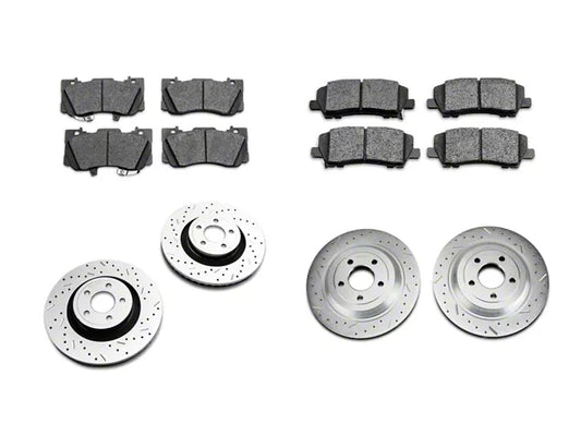 2015-2023 Mustang GT w/o Performance Pack Xtreme Stop Precision Cross-Drilled and Slotted Brake Rotor and Carbon Graphite Pad Kit; Front and Rear