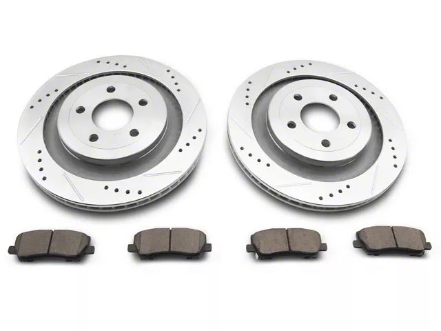 2015-2023 Mustang w/o Performance Pack C&L Super Sport Cross-Drilled and Slotted Brake Rotor and Pad Kit; Rear