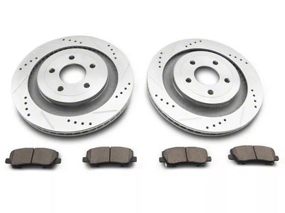 2015-2023 Mustang w/o Performance Pack C&L Super Sport Cross-Drilled and Slotted Brake Rotor and Pad Kit; Rear