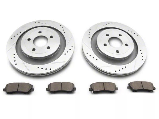 2015-2023 Mustang w/o Performance Pack C&L Super Sport Cross-Drilled and Slotted Brake Rotor and Pad Kit; Rear