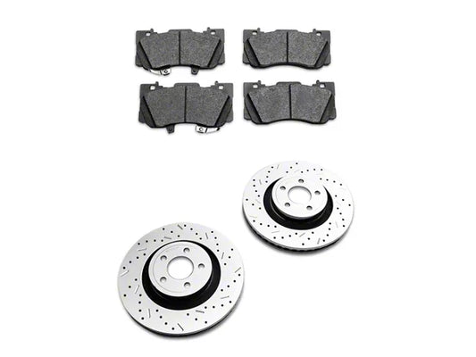 2015-2023 Mustang GT w/o Performance Pack, EcoBoost w/ Performance Pack Xtreme Stop Precision Cross-Drilled and Slotted Brake Rotor and Carbon Graphite Pad Kit; Front