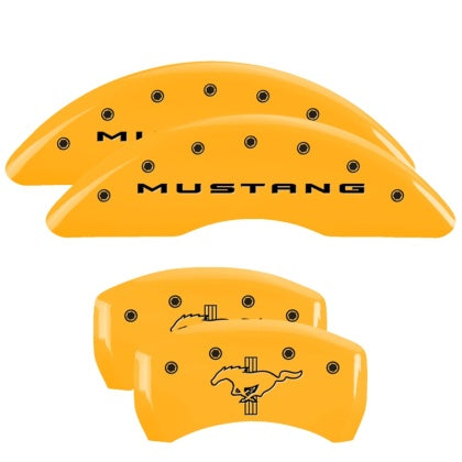 2015-2023 Mustang GT w/o Performance Pack MGP Brake Caliper Covers with Tri-Bar Pony Logo; Yellow; Front and Rear