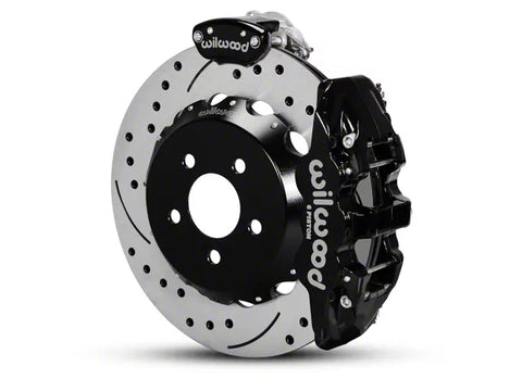 2015-2023 Mustang Wilwood AERO4 MC4 Rear Big Brake Kit with Drilled and Slotted Rotors; Black Calipers