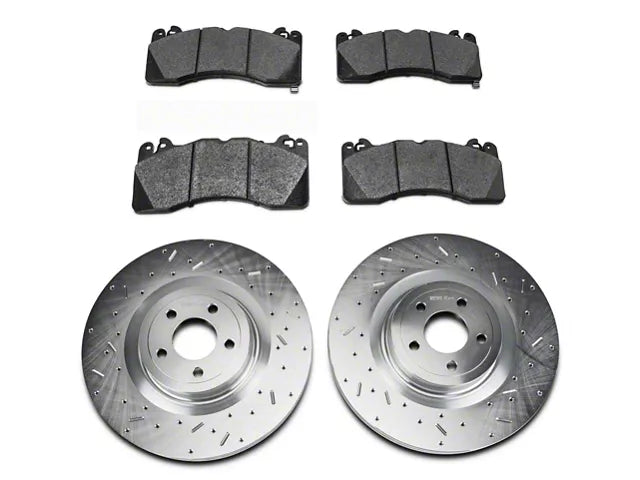 2015-2023 Mustang GT w/ Performance Pack Xtreme Stop Precision Cross-Drilled and Slotted Brake Rotor and Carbon Graphite Pad Kit; Front
