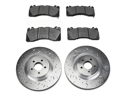 2015-2023 Mustang GT w/ Performance Pack Xtreme Stop Precision Cross-Drilled and Slotted Brake Rotor and Carbon Graphite Pad Kit; Front