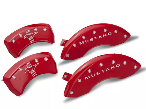 2005-2009 MGP Brake Caliper Covers with Pony Tri-Bar Logo; Red; Front and Rear