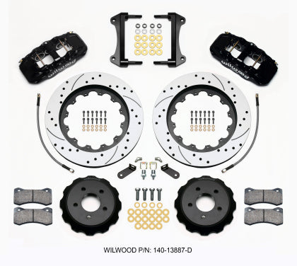 2015-2023 Mustang Wilwood AERO6 Front Big Brake Kit with 15-Inch Drilled and Slotted Rotors; Black Calipers