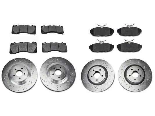 2015-2023 Mustang GT w/ Performance Pack Xtreme Stop Precision Cross-Drilled and Slotted Brake Rotor and Carbon Graphite Pad Kit; Front and Rear