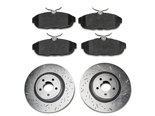 2015-2023 Mustang w/ Performance Pack Xtreme Stop Precision Cross-Drilled and Slotted Brake Rotor and Carbon Graphite Pad Kit; Rear