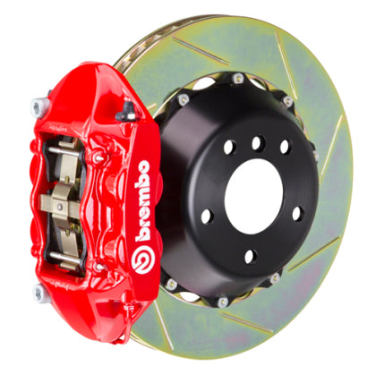 2015-2023 Mustang Brembo GT Series 4-Piston Rear Big Brake Kit with 15-Inch 2-Piece Type 1 Slotted Rotors; Red Calipers