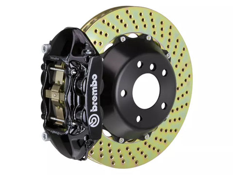 2015-2023 Mustang Brembo GT Series 4-Piston Rear Big Brake Kit with 15-Inch 2-Piece Cross Drilled Rotors; Black Calipers