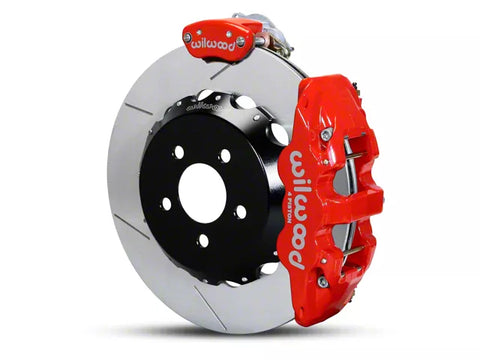 2015-2023 Mustang Wilwood AERO4 MC4 Rear Big Brake Kit with Slotted Rotors; Red Calipers