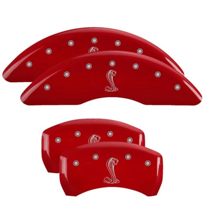 2015-2023 Mustang GT w/ Performance Pack MGP Brake Caliper Covers with Tiffany Snake Logo; Red; Front and Rear