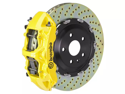 2015-2023 Mustang Brembo GT Series 6-Piston Front Big Brake Kit with 15-Inch 2-Piece Cross Drilled Rotors; Yellow Calipers