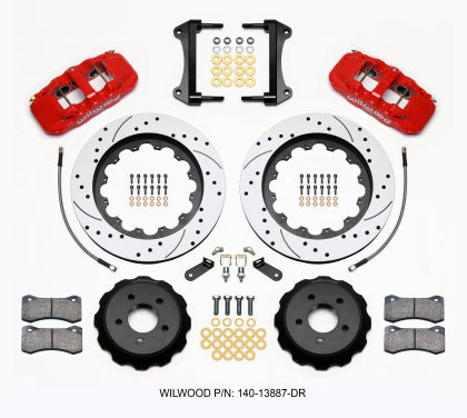 2015-2023 Mustang Wilwood AERO6 Front Big Brake Kit with 15-Inch Drilled and Slotted Rotors; Red Calipers