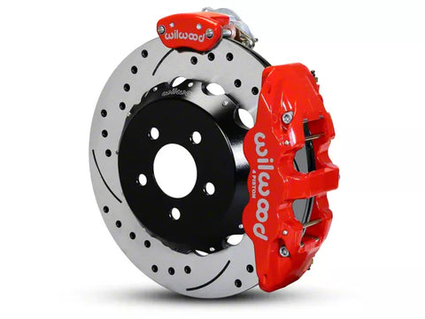 2015-2023 Mustang Wilwood AERO4 MC4 Rear Big Brake Kit with Drilled and Slotted Rotors; Red Calipers