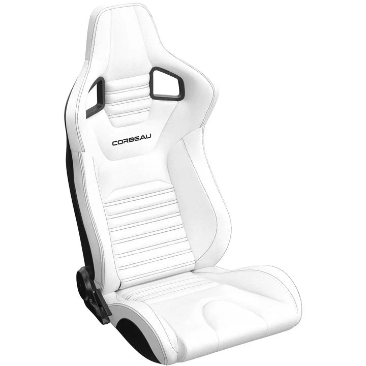 Corbeau Sportline RRS Reclining Seats White Vinyl Black Stitch Pair