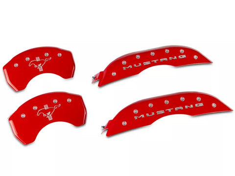 2015-2023 Mustang GT w/o Performance Pack MGP Brake Caliper Covers with Tri-Bar Pony Logo; Red; Front and Rear