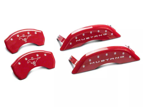 2015-2023 Mustang GT w/ Performance Pack MGP Brake Caliper Covers with Tri-Bar Pony Logo; Red; Front and Rear