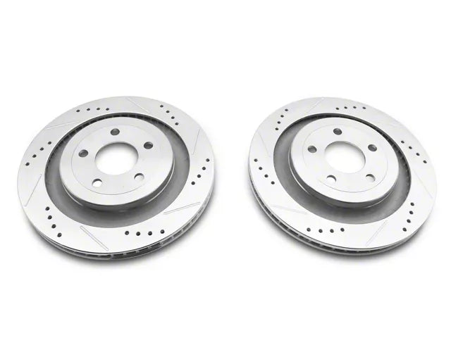 2015-2023 Mustang w/o Performance Pack C&L Super Sport Cross-Drilled and Slotted Brake Rotor and Pad Kit; Rear