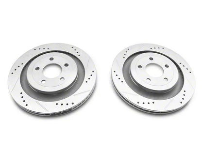 2015-2023 Mustang w/o Performance Pack C&L Super Sport Cross-Drilled and Slotted Brake Rotor and Pad Kit; Rear