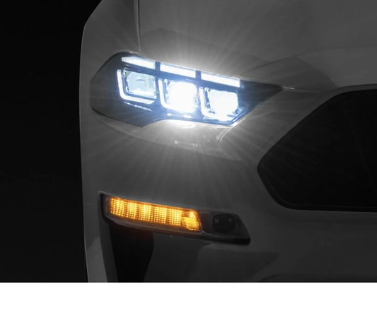 2018-2023 Mustang S650 Style Projector Headlights with Amber Sequential Turn Signals Black Housing Clear Lens